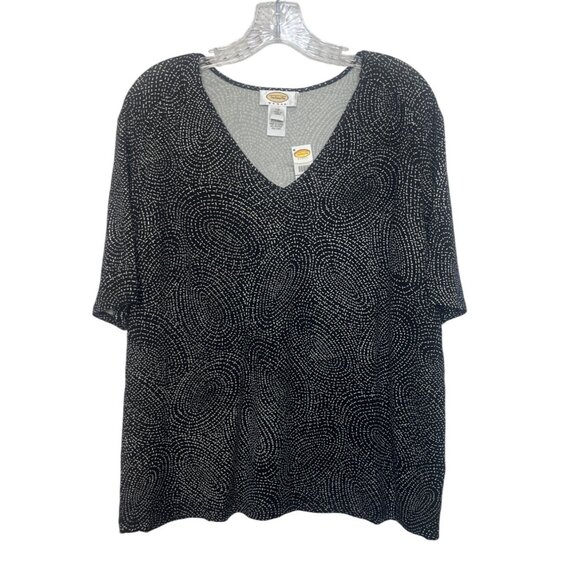 Vintage Talbots Vneck Top Woman 1X Black White New Swirl Print - Picture 1 of 10